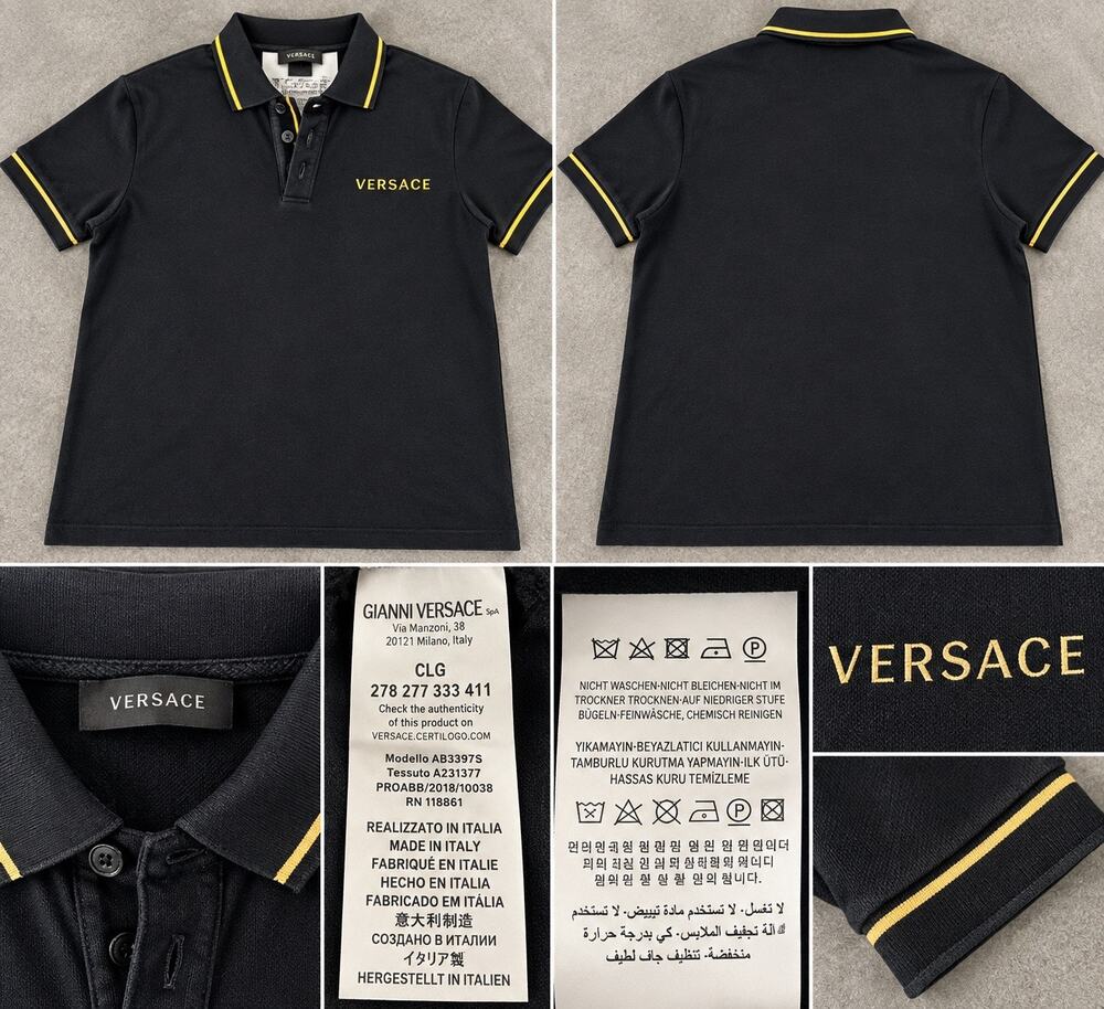 Versace Mens M Black Gold Logo Polo Shirt Made in Italy Designer Luxury
